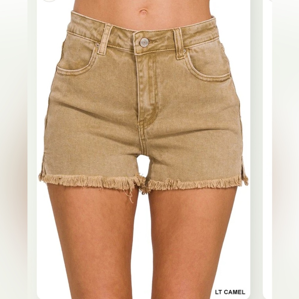 Zenana Outfitters High Waist Camel ACID WASHED FRAYED CUTOFF HEM SHORTS